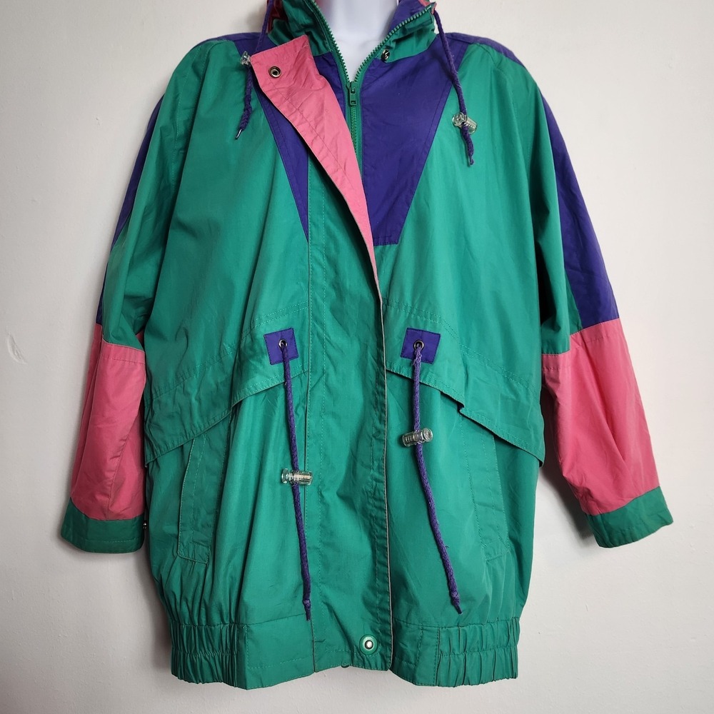 Vintage London Fog Colorblock Sz M Windbreaker Jacket Hooded Teal Purple 80s 90s